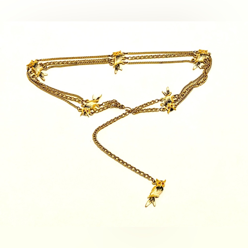 Vintage Triple Chain Rhinestone Enamel Owl Belt. End to End 40”.